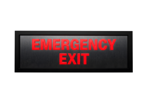Emergency exit sign with red glowing text on black background, safety signage for buildings, fire escape, evacuation routes, and emergency preparedness