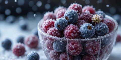 Acai Icescape  Fresh Acai Covered in Frost, Glass Bowl, Chilled Composition, Capturing Winter s Beauty, Organic Freshness