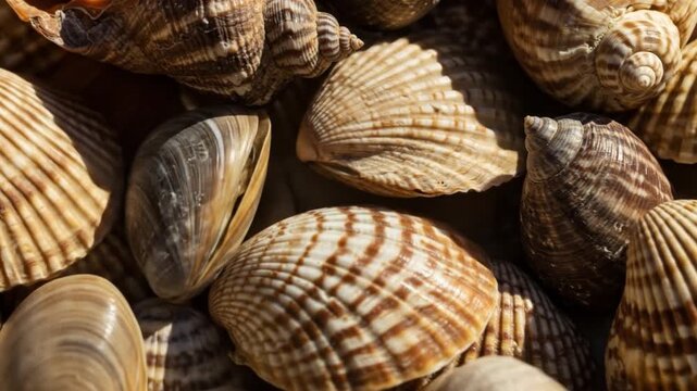 Closeup of an arrangement of various seashells displaying diverse patterns and shapes under light