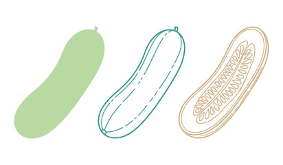 Three stylized cucumbers one solid green one outlined teal and one sliced beige vegetable food