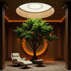 A large tree in the middle of a room with a circular ceiling.