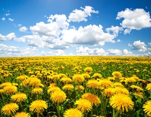 Panoramic view of a field of dandelions under a partly cloudy blue sky