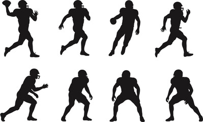 American football player silhouettes collection, quarterback throwing, runner sprinting, athlete tackling, sports action poses, competitive training, strength fitness, dynamic illustration