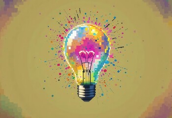 8 bit Rainbow Lightbulb with Pixelated Paint Splatter Design