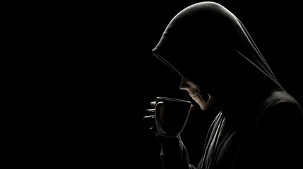 Hooded skeletal silhouette sipping from mug under dusk rim light, high contrast moody Halloween visual