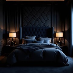 A dark bedroom with a large bed and two lamps.