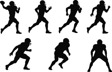 American football player silhouettes, athlete action poses, running, passing, tackling, sports illustration, competitive game, team training, fitness strength, dynamic movement