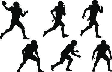 American football player silhouettes collection, quarterback throwing, runner sprinting, athlete tackling, sports action poses, competitive team training, fitness exercise, strength illustration