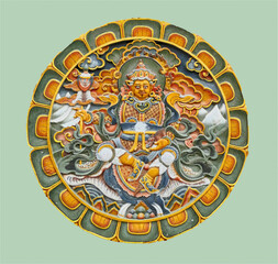 Colorful detailed carving of buddhist deity in bhutan