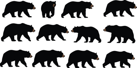 Naklejka premium Bear silhouette vector collection, wild animal walking standing roaring, wildlife nature illustration, forest mammal design, black bear shape, outdoor graphic