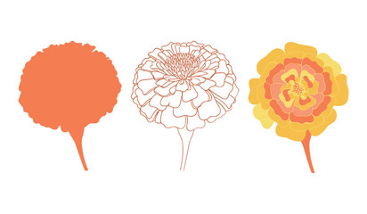 Three stylized marigold flower representations solid outline and colored zinnia flower floral
