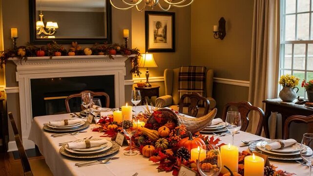Elegant dining room table set for a festive autumn or Thanksgiving dinner with a cornucopia centerpiece, candles, and fall decor.