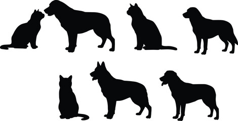 Black cat silhouette, dog silhouette, pet animal icons, white background, vector illustration, minimal design, domestic pets, graphic art