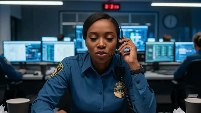 Focused Black female 911 dispatcher wearing a headset in a busy emergency call center, looking serious and attentive while on duty.