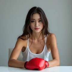 A woman in a white tank top and red boxing gloves.