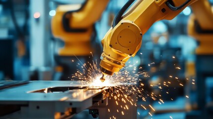 A robotic arm performs precision welding, creating sparks in a modern manufacturing environment.