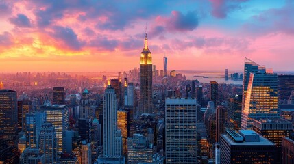 Obraz premium Sunset over a bustling city skyline with towering skyscrapers and vibrant colorful clouds in the sky