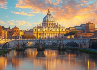 Historic stone bridge crossing calm river with reflection of classical domed cathedral and surrounding buildings under vibrant sunset sky