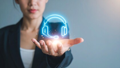 ビジネスウーマンの手元に浮かぶ発光ヘッドセットアイコンが示す次世代インターフェースの概念