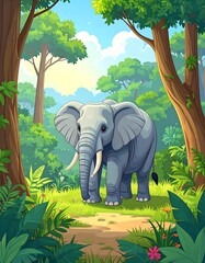 A gray elephant in a lush forest scene