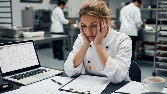 Overwhelmed young adult blonde female chef feeling stressed and exhausted while managing administrative tasks and bookings in a busy commercial kitchen.