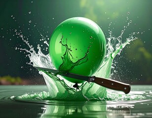 A green balloon bursts in water, struck by a knife