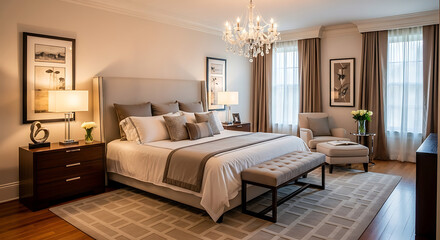 Modern Minimalist Bedroom Interior with Simple Bed, Clean White Walls, Wooden Floor, and Large Window with Natural Light for Cozy and Elegant Home Inspiration