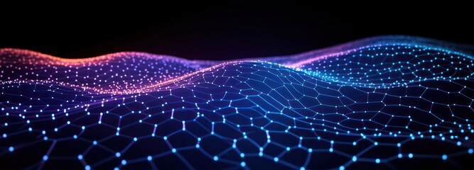 Abstract digital wave pattern composed of interconnected glowing nodes and lines in blue and pink hues on a dark background creating a futuristic and dynamic visual effect