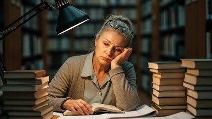 Exhausted mature woman with eyeglasses sleeping on a book at a library desk, surrounded by stacks of literature and illuminated by a desk lamp, symbolizing academic fatigue. - Powered by Adobe