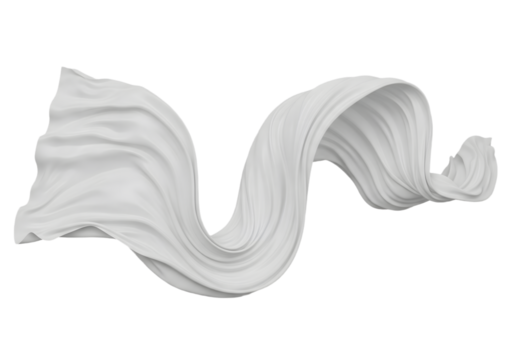 Flowing white fabric wave isolated on white background, elegant textile cloth swirl for fashion design, decorative artwork, digital graphics, and creative abstract concepts