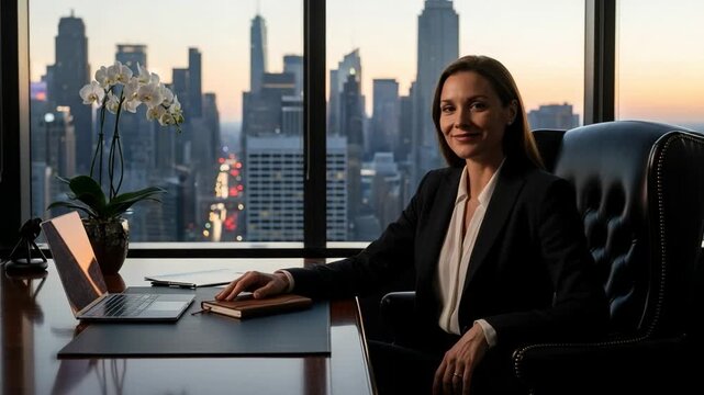 Elegant businesswoman in a suit working diligently at her desk in a high-rise office with a panoramic city skyline view at sunset.