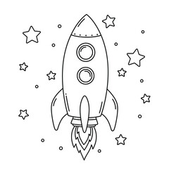 Minimalist rocket flying through stars and clouds on a white background. EPS 10.