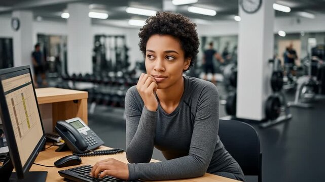 Focused young African American woman working at a modern gym reception desk, thoughtfully typing on a computer with fitness equipment in the background.