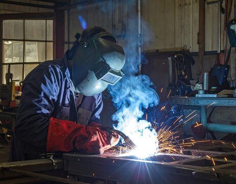 Metalworker skillfully welding in a workshop environment