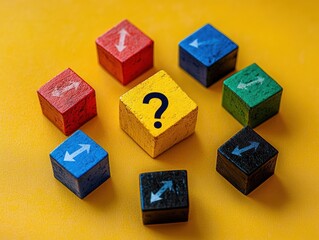 Colorful wooden cubes arranged in a circle with a central yellow cube displaying a question mark symbolizing uncertainty and directions