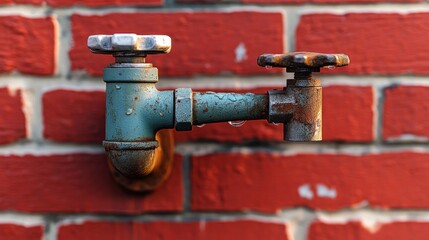 Close-up of an old blue and rusty metal water faucet attached to a red brick wall with a single water droplet hanging from the spout