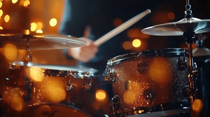 Close-up of a drummer playing sparkling drum set with cymbals and drumsticks in warm ambient lighting with blurred bokeh lights