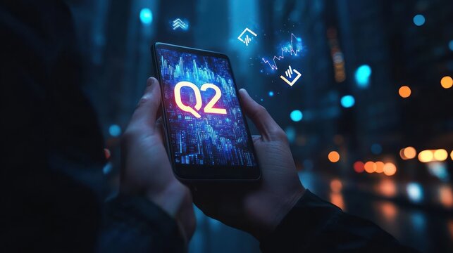 Person holding smartphone displaying futuristic digital data and Q2 text with glowing graphs and arrows in a cityscape at night