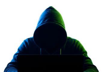 Anonymous hacker in dark hoodie using laptop, cyber security threat concept symbolizing hacking, identity theft, cybercrime, data breach, and online privacy risks