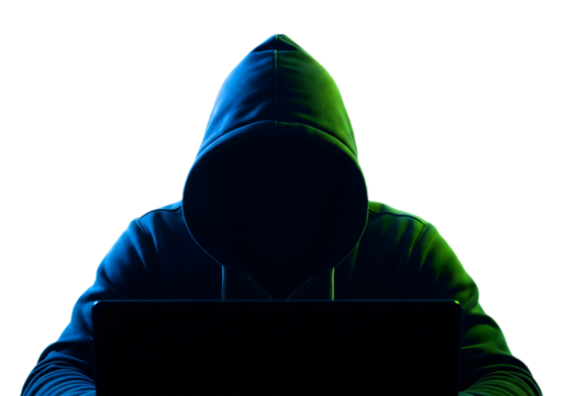 Anonymous hacker in dark hoodie using laptop, cyber security threat concept symbolizing hacking, identity theft, cybercrime, data breach, and online privacy risks