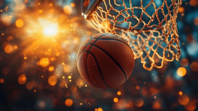 Close-up of a basketball about to go through the hoop with a glowing background and energetic atmosphere
