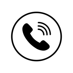 Black and white ringing telephone icon in a circle