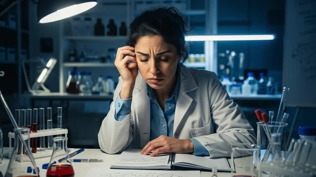 Stressed female scientist in a dark laboratory, deep in thought while working on a complex research problem with chemical formulas and lab equipment. - Powered by Adobe