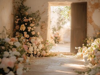 Romantic floral doorway with vintage wood door and pastel roses