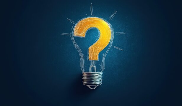 Illustration of a light bulb with a glowing yellow question mark inside on a dark blue textured background symbolizing curiosity and ideas
