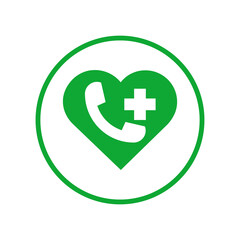 Obraz premium Green heart with phone and cross symbol for medical emergency or health service