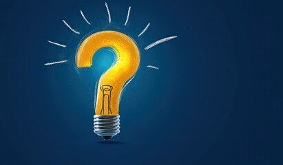 illustration of a glowing light bulb shaped like a golden question mark on a dark blue background with light rays emitting from it, symbolizing curiosity and questioning