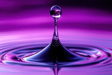 Close-up of a single water droplet rising from a smooth surface creating concentric ripples with purple and pink lighting