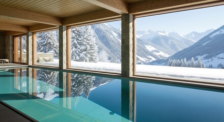 Indoor Pool with Snowy Mountain View