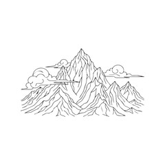 Rugged Mountain Range Icon, Minimalist Rocky Terrain with Clouds in Vector Line Art Style.
